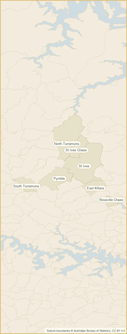 Map of the the North Shore plumbing service area, with the North Shore shaded and the surrounding suburbs marked: Pymble, St Ives, East Killara out to South Turramurra, North Turramurra, St Ives Chase and more